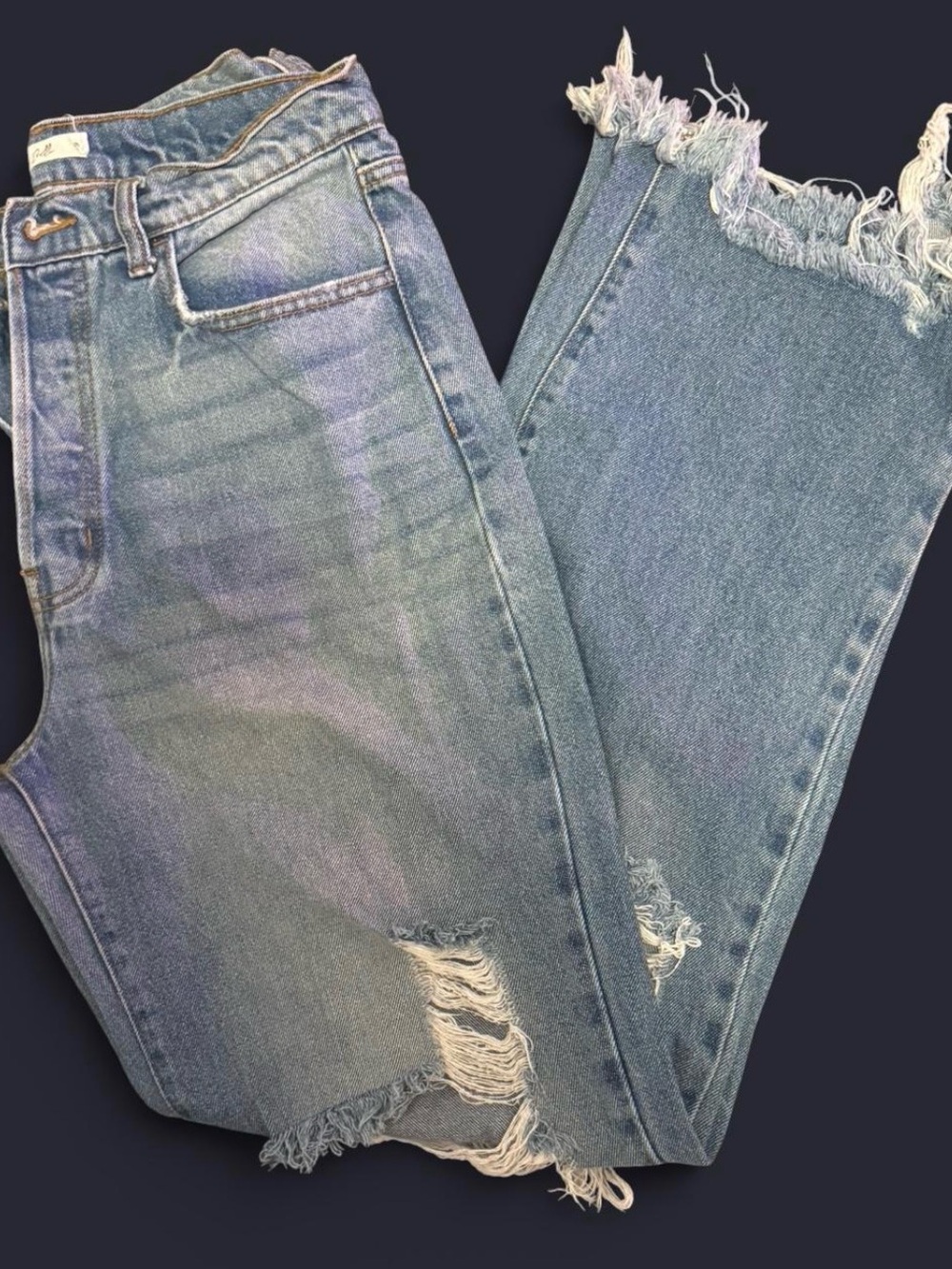 Cello Light Blue Distressed Straight Leg Jeans with Frayed Hems